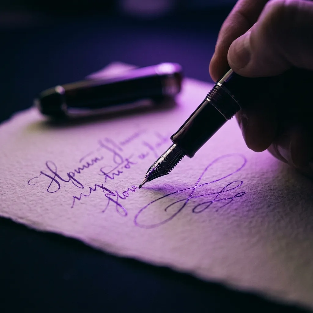 Eine Feder schreibt auf beleuchtetem Papier in Violetttönen – Symbol für die Suche nach der eigenen Schreibstimme als Autor