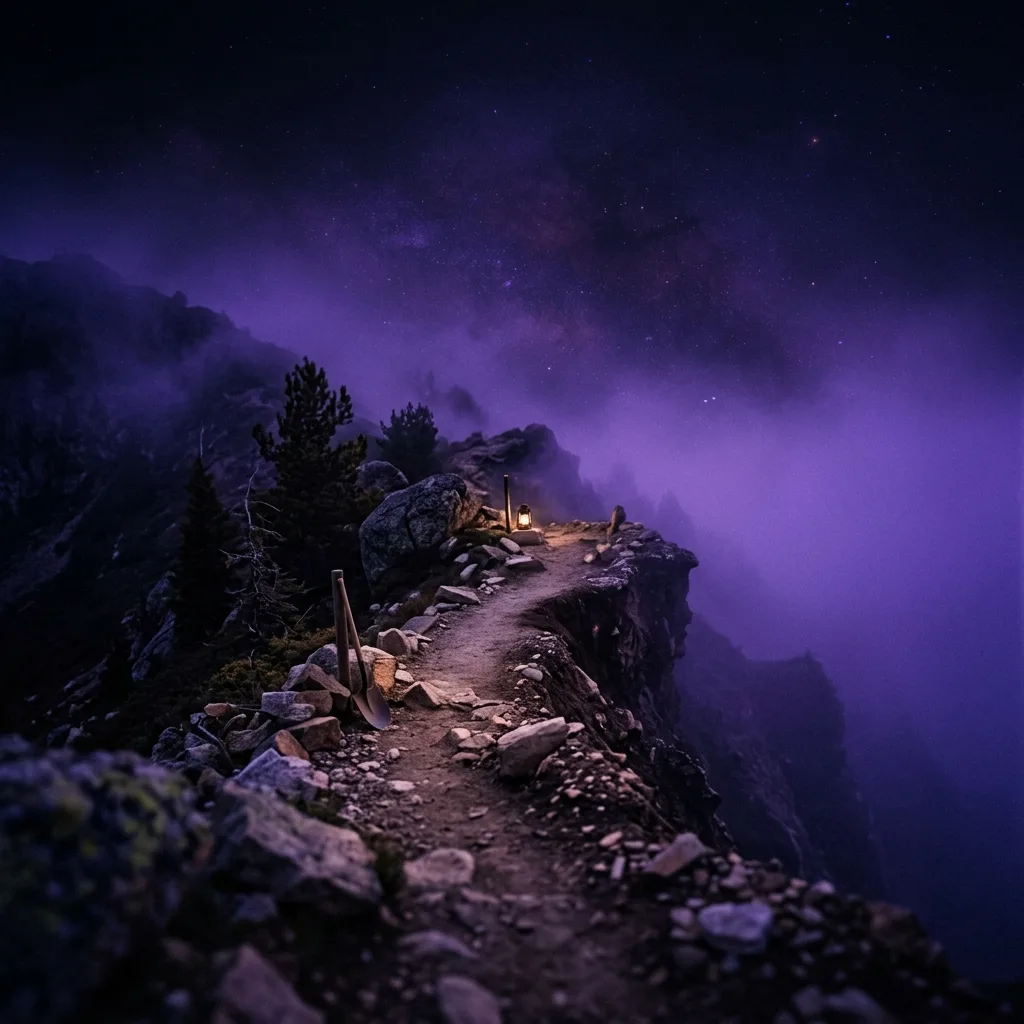 Un sendero de montaña que se interrumpe a mitad de la subida, envuelto en niebla violeta nocturna, que representa el abandono de la novela durante el segundo acto