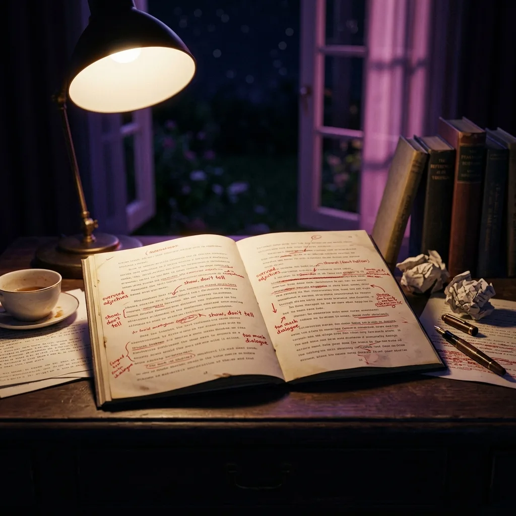 Escritorio de un escritor con un manuscrito lleno de correcciones en rojo, que ilustra los errores más comunes de los escritores novatos y cómo evitarlos