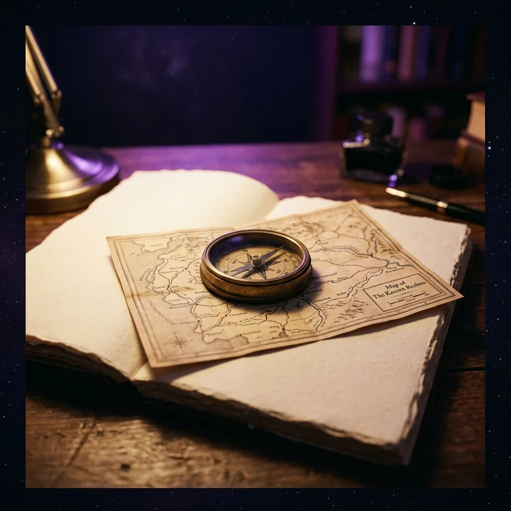 Una brújula y un mapa de ruta sobre un manuscrito en blanco en un escritorio nocturno en tonos violeta, que simboliza planificar la estructura de la novela antes de empezar a escribir
