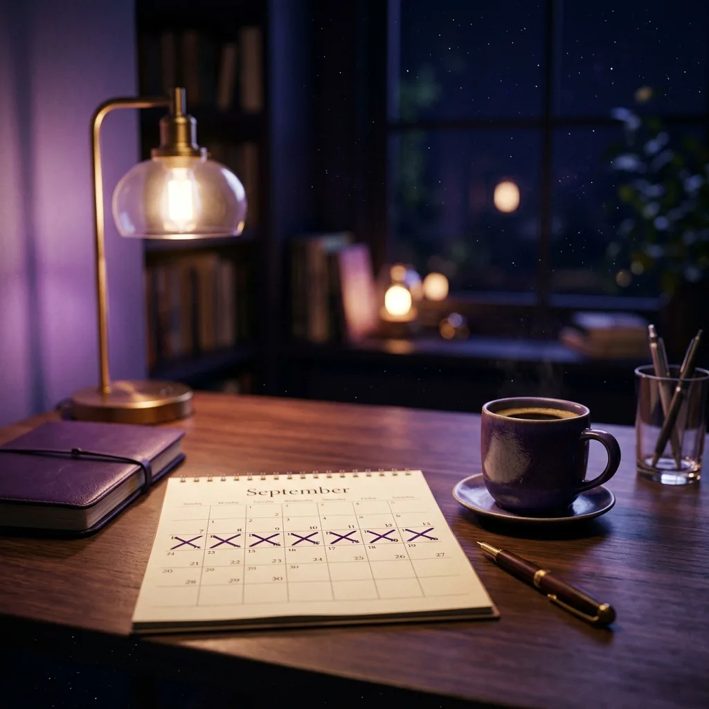 Un escritorio ordenado de noche con una taza de café y un calendario con una racha de días marcados con una X, en tonos violeta, que simboliza la rutina diaria de escritura frente a esperar la inspiración