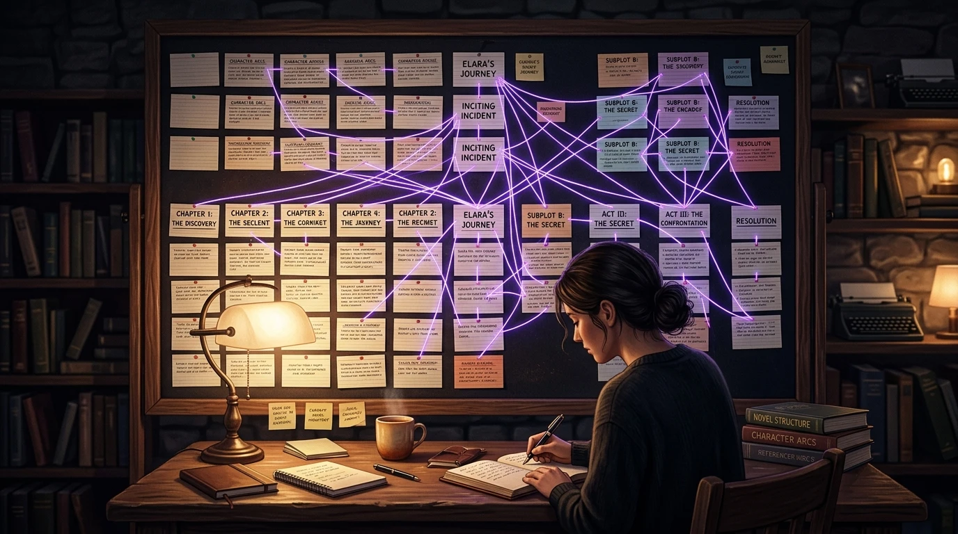 Escritora en su estudio frente a un tablero cubierto de fichas de escenas y capítulos conectadas por hilos luminosos