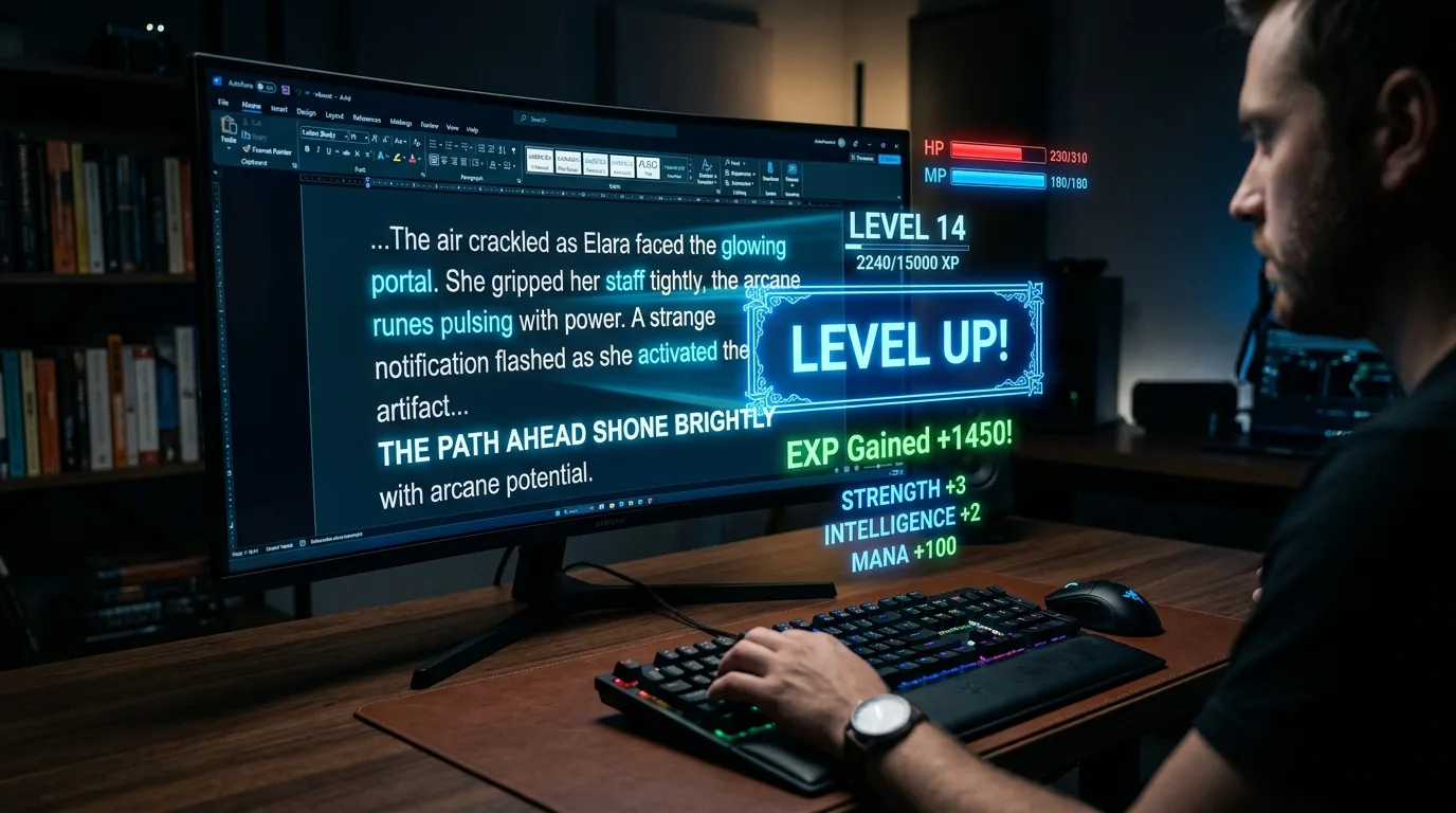 Un escritor teclea su novela en el ordenador mientras sobre la pantalla se superponen elementos de interfaz de videojuego —barras de vida y maná, nivel, puntos de experiencia y un cartel de subida de nivel con aumento de estadísticas—, la esencia visual del LitRPG