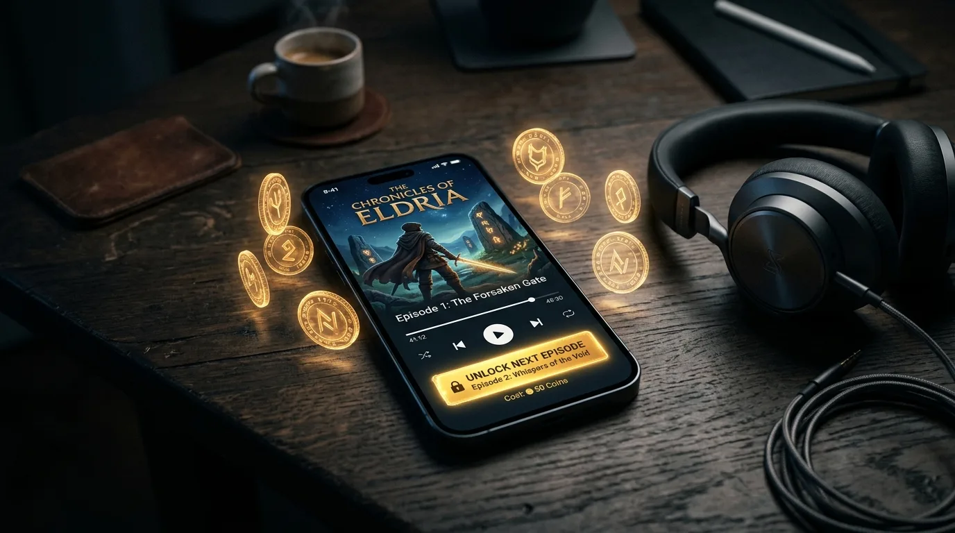 Un móvil sobre una mesa de madera muestra una app de audio series con un episodio de una saga de fantasía y un botón para desbloquear el siguiente episodio pagando con monedas, junto a unos auriculares y una taza de café: el modelo de micropago de Pocket FM