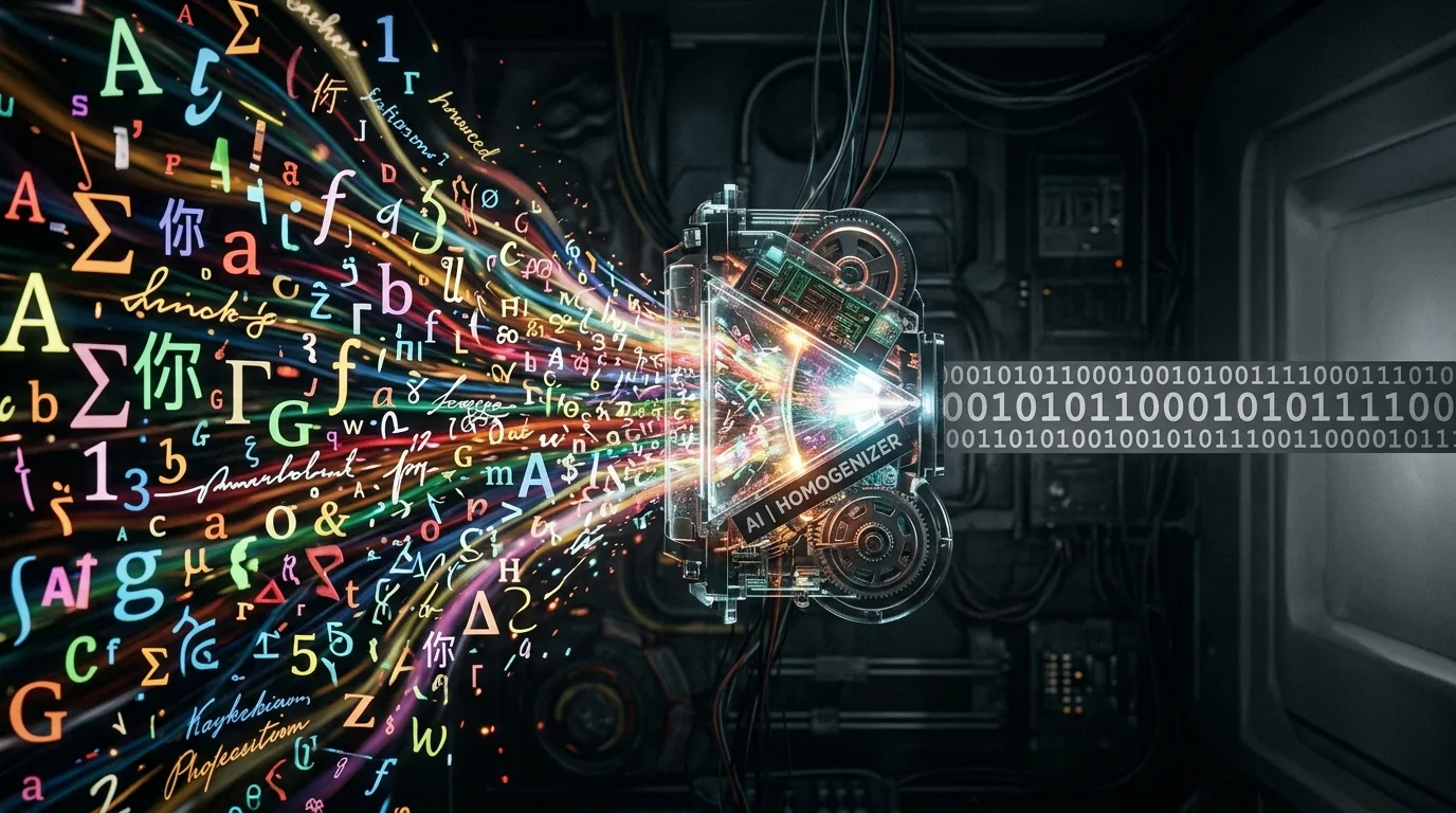 Eine Maschine mit der Aufschrift „AI Homogenizer“ saugt einen Strom bunter Buchstaben und Symbole aus vielen Sprachen auf und stößt sie als einheitlichen grauen Binärcode wieder aus