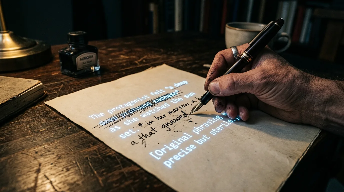 Eine Hand mit einem Füllfederhalter streicht auf dem Papier den generischen Satz „eine tiefe Traurigkeit“ durch und schreibt ihn mit einem konkreten, eigenen Bild neu