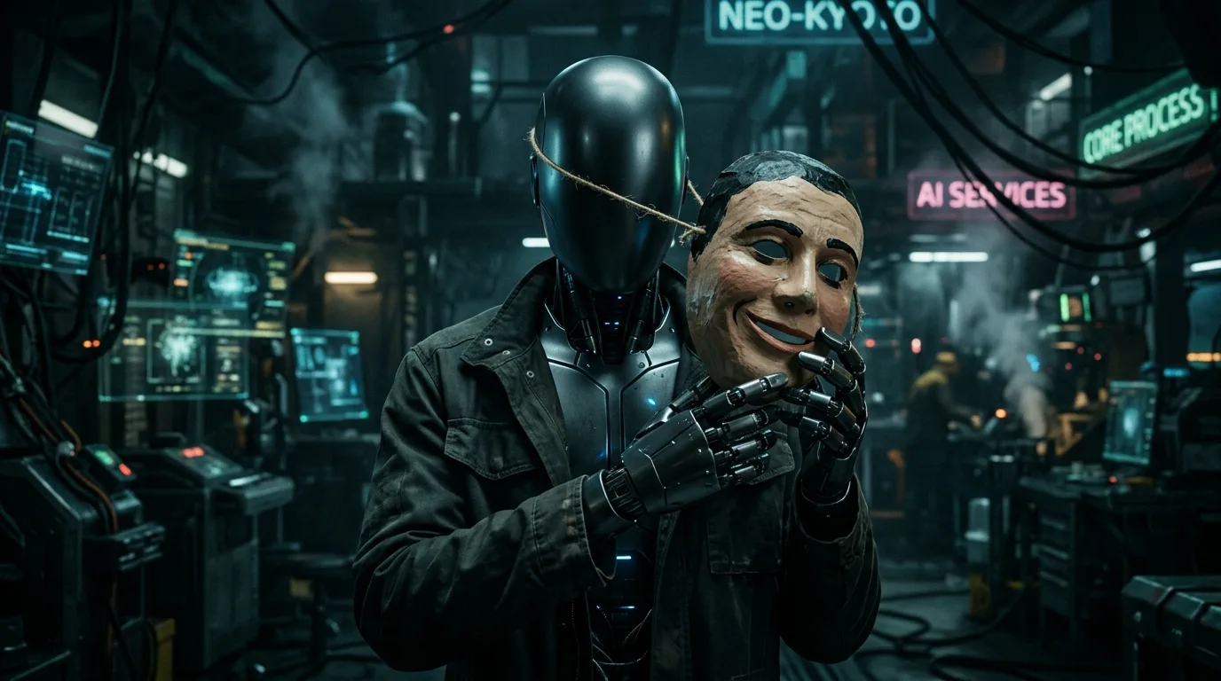 Ein Roboter in einer Cyberpunk-Werkstatt hält sich eine lächelnde menschliche Pappmaske vors Gesicht und gibt vor, ein Mensch zu sein, unter einer Neonschrift mit der Aufschrift „AI Services“