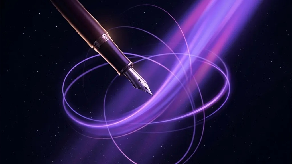 Conceptual illustration of the dialogue between human creativity and artificial intelligence, a pen and a violet beam of light on a dark background