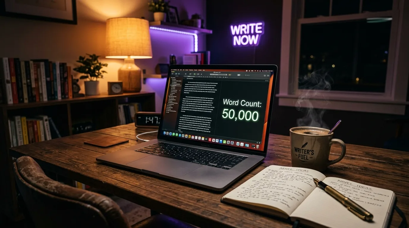 Una scrivania notturna con un portatile il cui contatore avanza verso le 50.000 parole, circondato da strumenti di scrittura sotto una luce viola