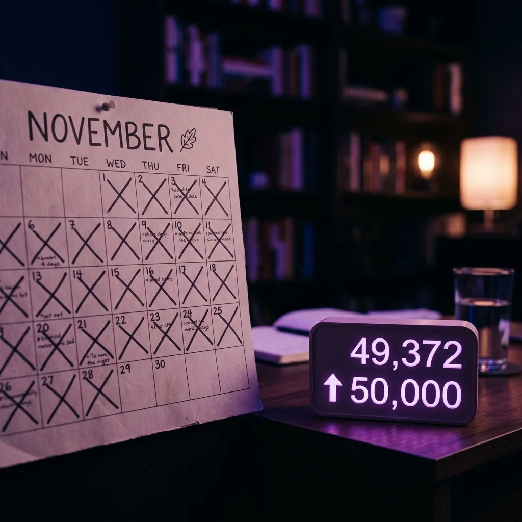 Calendario de noviembre con días tachados y un contador de palabras ascendiendo hacia las 50.000, sobre un fondo nocturno con luz violeta — el reto NaNoWriMo