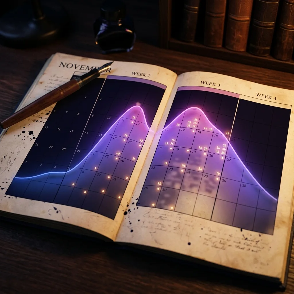 Calendario del mes de noviembre dividido en cuatro semanas, con indicadores de contador de palabras por semana y zonas coloreadas que muestran la curva de energía del NaNoWriMo