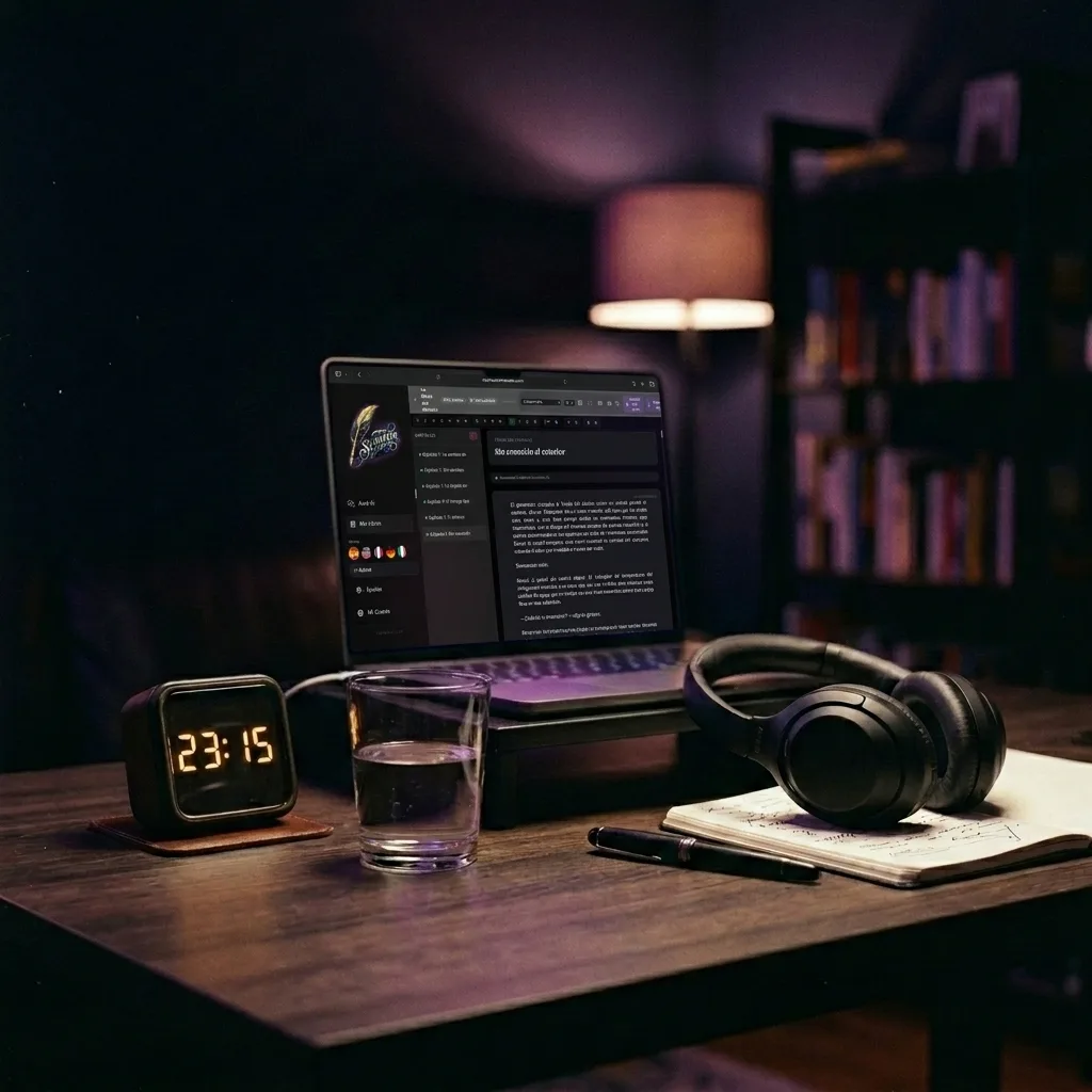 Escritorio minimalista con un temporizador, un vaso de agua, auriculares y una pantalla con texto en progreso — la rutina de escritura diaria del NaNoWriMo