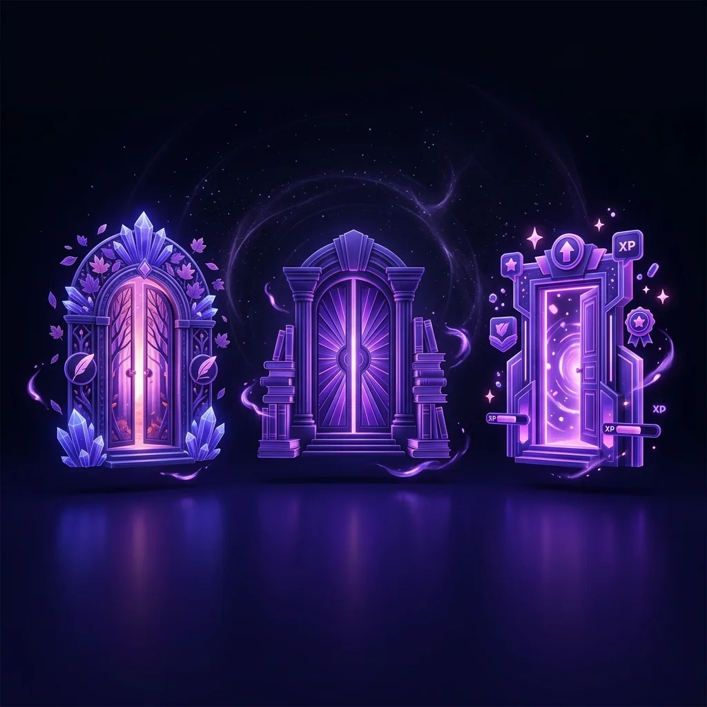 Varias plataformas de reto de escritura representadas como puertas iluminadas —Novel November, un reto de 90 días y una app con estética de juego— sobre un fondo violeta