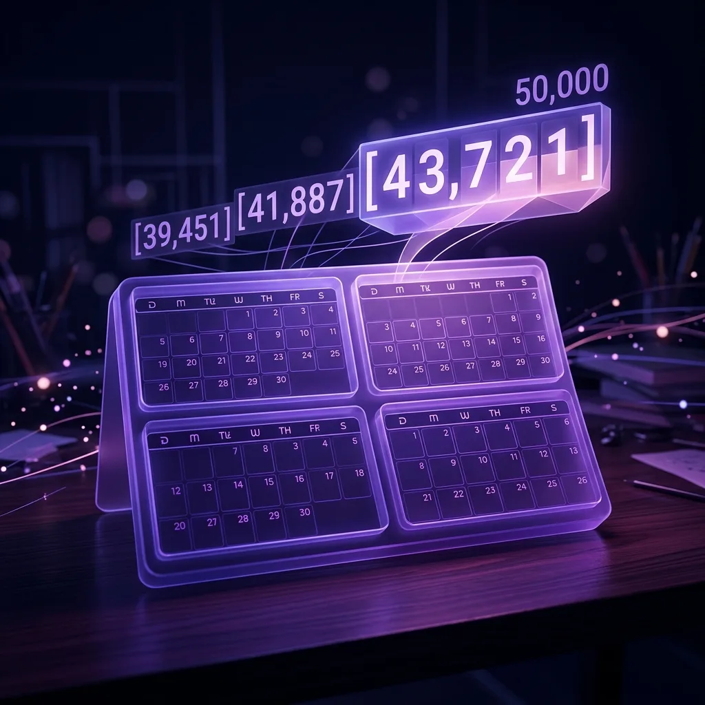 Calendario del mes de noviembre dividido en cuatro semanas con un contador de palabras que asciende hacia las 50.000, con luz violeta sobre un escritorio nocturno