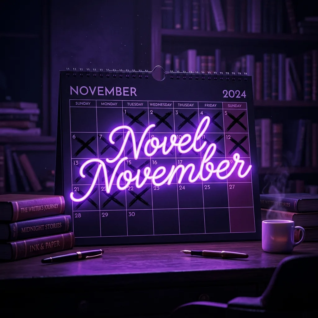 Un calendario de noviembre con la palabra NaNoWriMo tachada y un cartel luminoso de Novel November encima, sobre un fondo nocturno con luz violeta