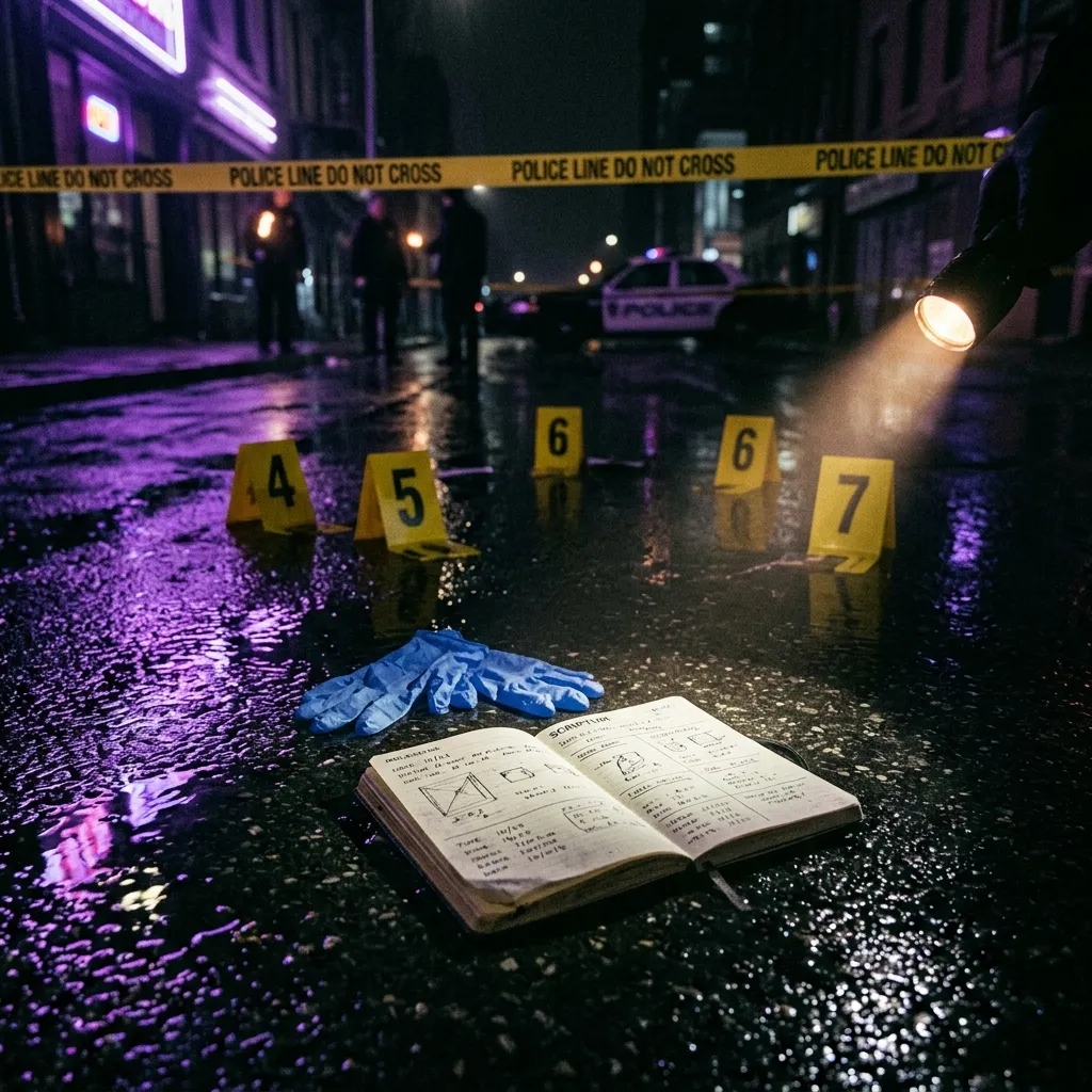 Escena del crimen acordonada de noche con marcas numeradas de pruebas, guantes y una libreta de anotaciones bajo luz violeta