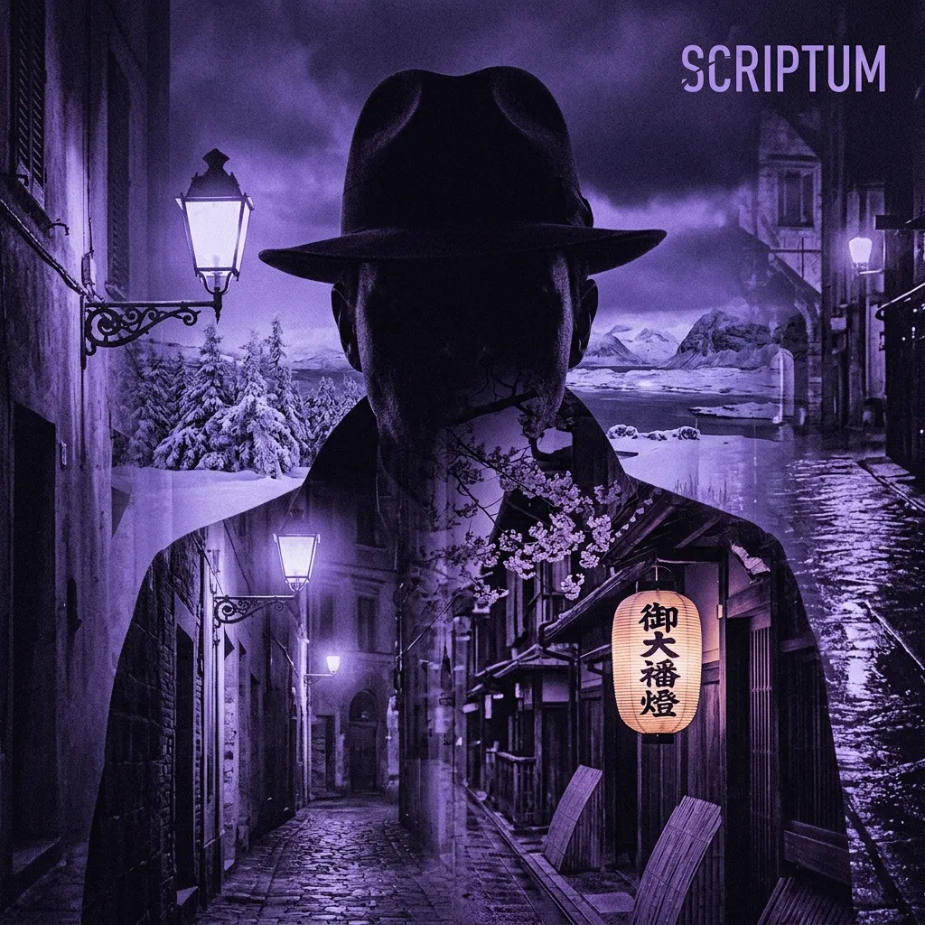 Composición de siluetas que representan los subgéneros de la novela negra: un detective con sombrero, un paisaje nevado nórdico, una farola mediterránea y una linterna japonesa, en tonos violeta