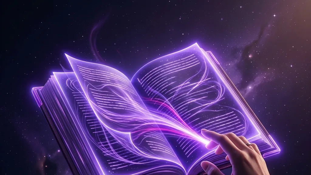 Ilustración conceptual de un escritor que dirige a una inteligencia artificial: una mano humana guía un haz de luz violeta que da forma a las páginas de un libro