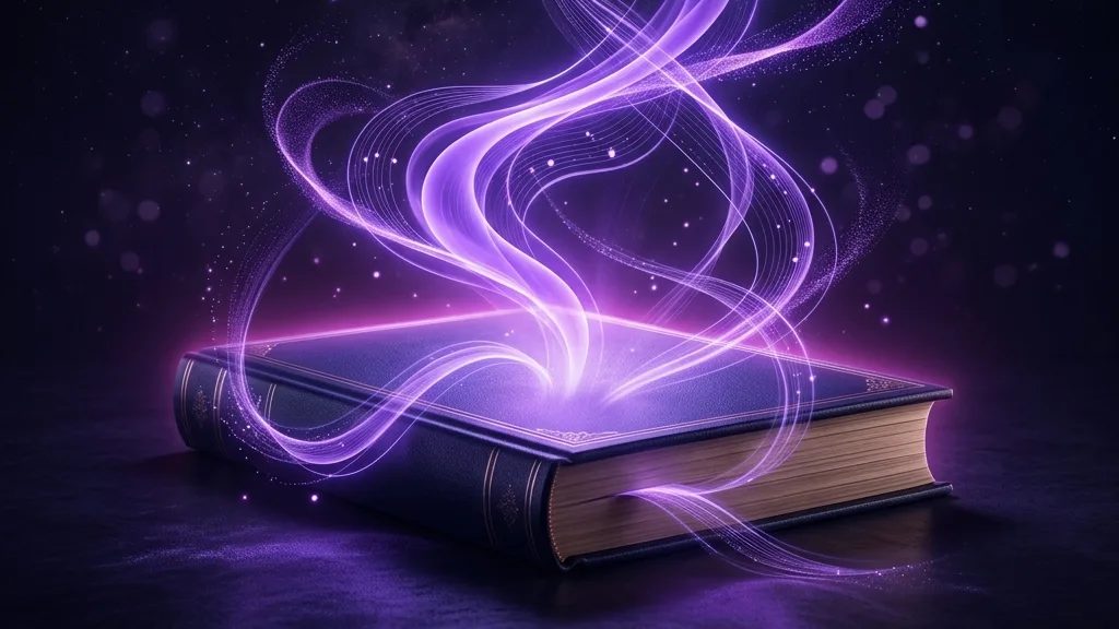 Conceptual illustration of a published book on Amazon KDP with violet AI light rising from it