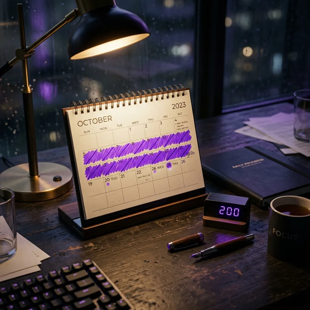 Un calendario con una racha de días marcados en violeta junto a un contador que muestra 200 palabras diarias, sobre un escritorio nocturno