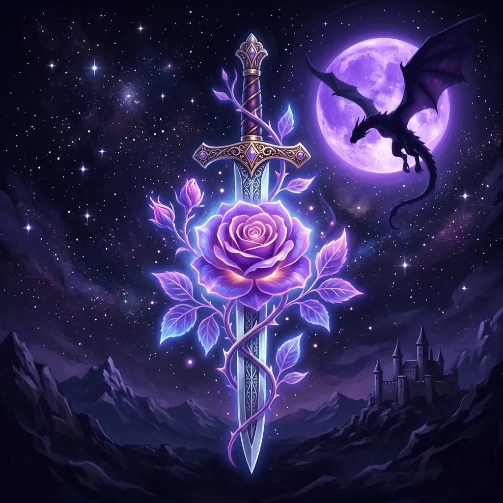 Romantasy illustration: a sword and a rose entwined beneath the silhouette of a dragon and a violet moon