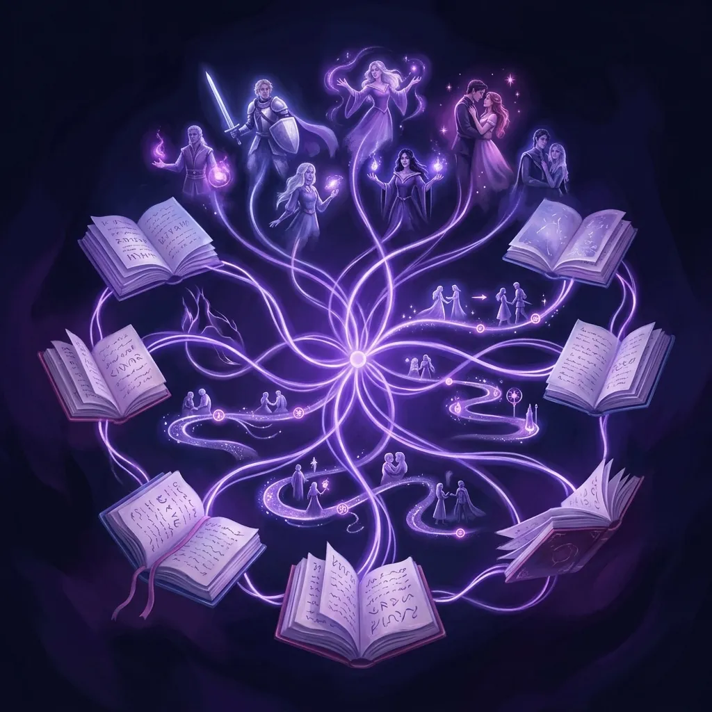 Consistency diagram for a romantasy series: threads of light connecting characters, magical bonds and timelines across several books