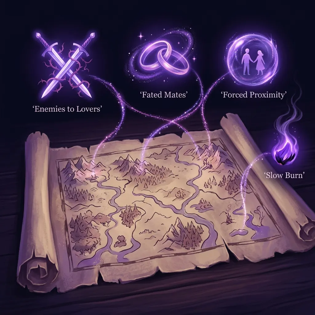 Visual map of the most common romantasy tropes: enemies to lovers, fated mates, forced proximity and slow burn