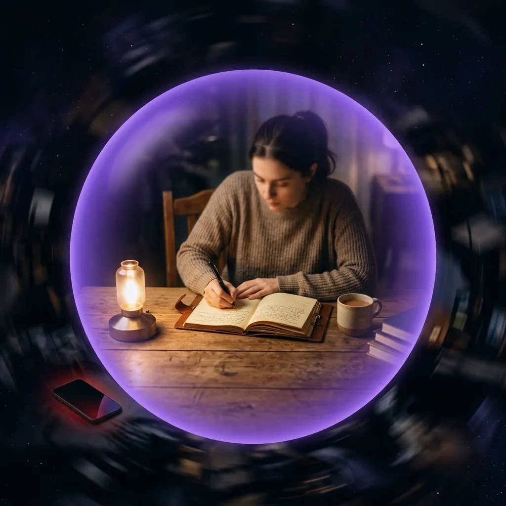 A writing desk inside a bubble of light that isolates it from noise and distractions — protecting writing time