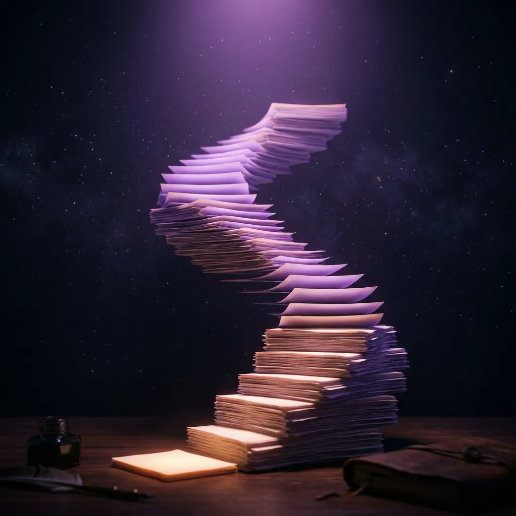 Small daily pages stacking into a growing tower — the habit of writing every day builds the novel