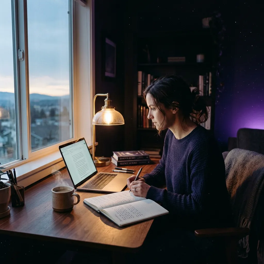 A desk by a window at dawn with a steaming cup of coffee and a notebook — the daily writing routine