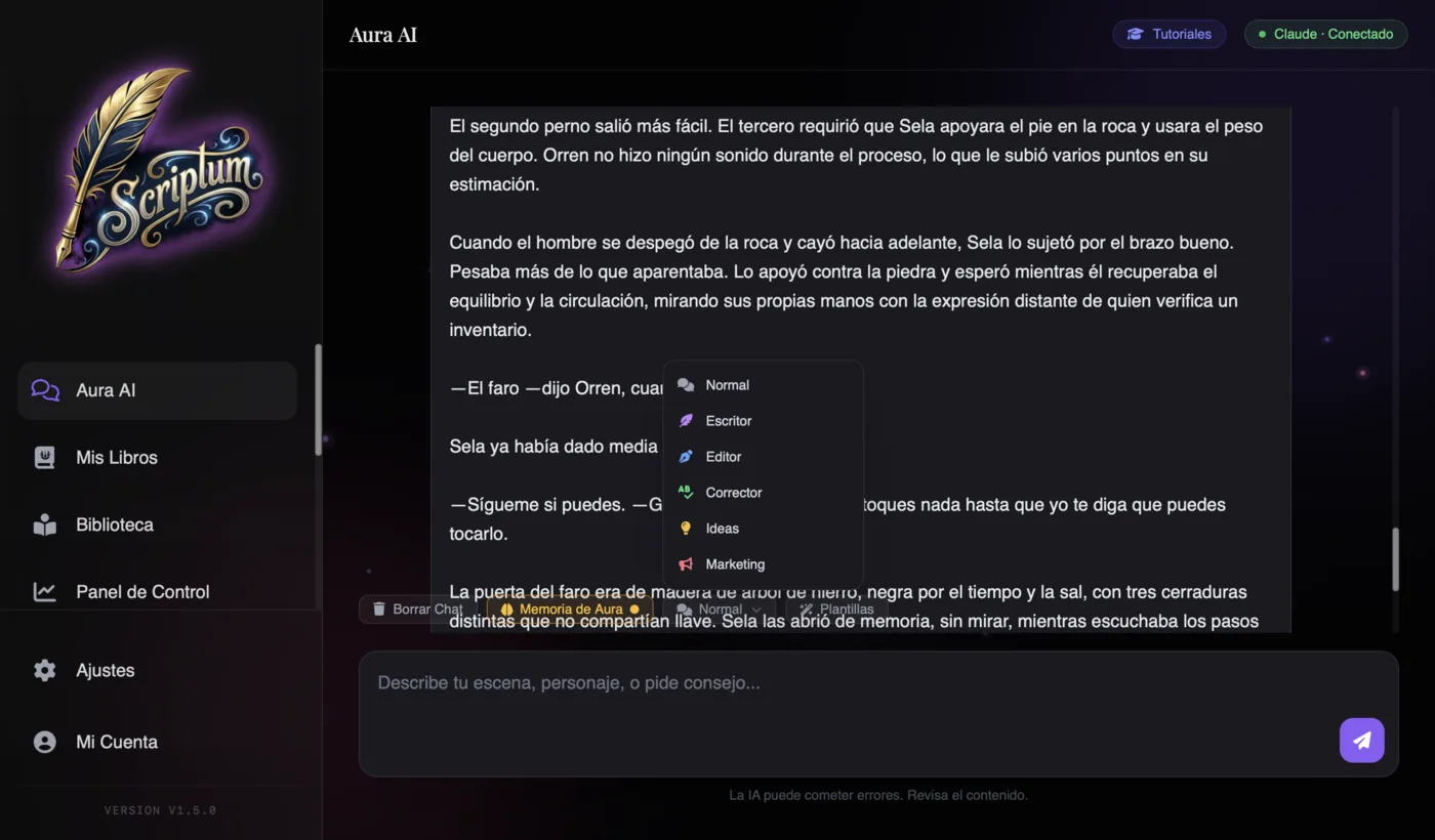 Panel de chat de Aura en Scriptum con sus seis modos: Normal, Escritor, Editor, Corrector, Ideas y Marketing
