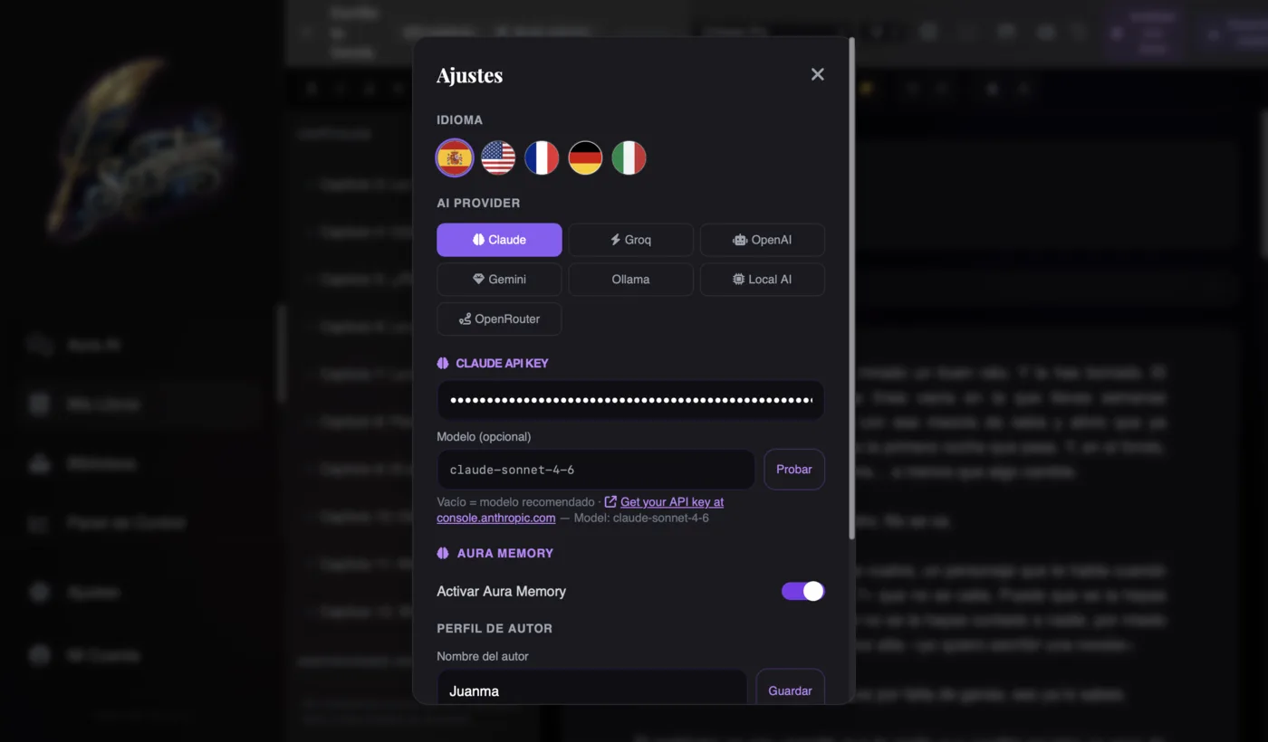 Selector de proveedores de IA de Scriptum con Claude, OpenAI, Gemini, Groq, Ollama, Local AI y OpenRouter