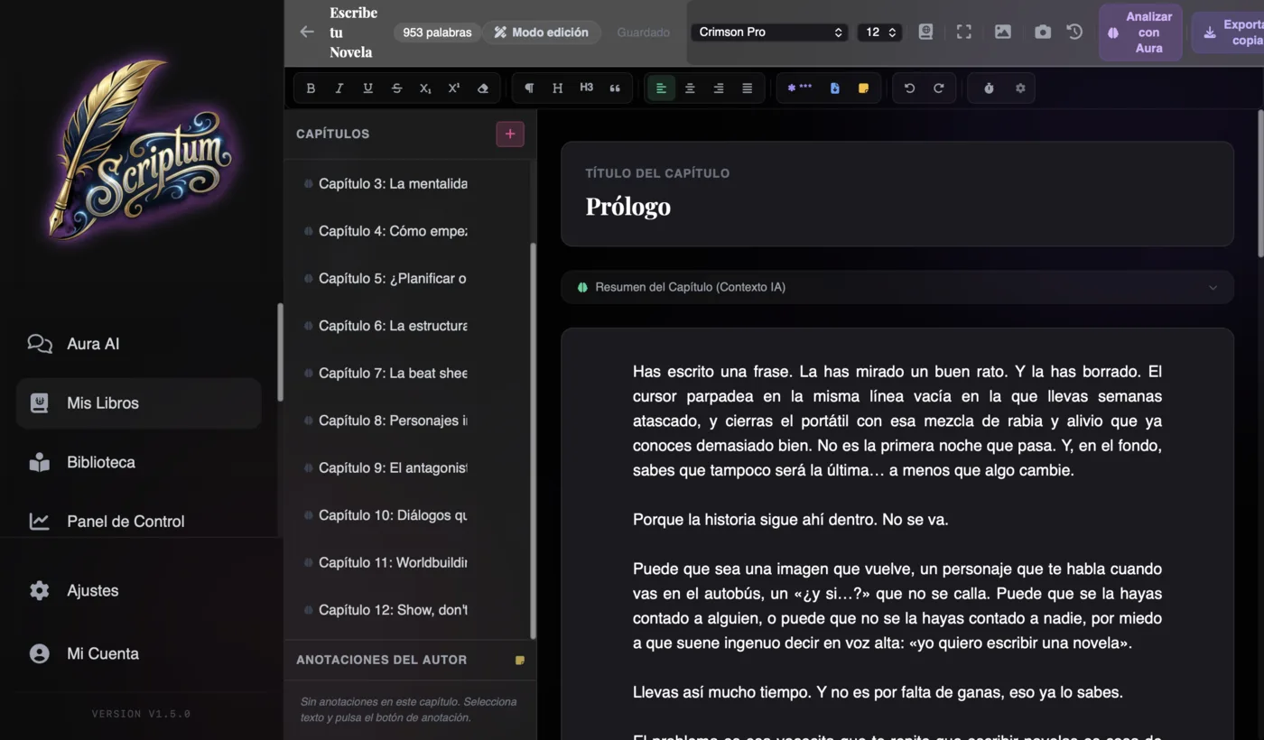 Editor de Scriptum Writer Studio con un capítulo abierto