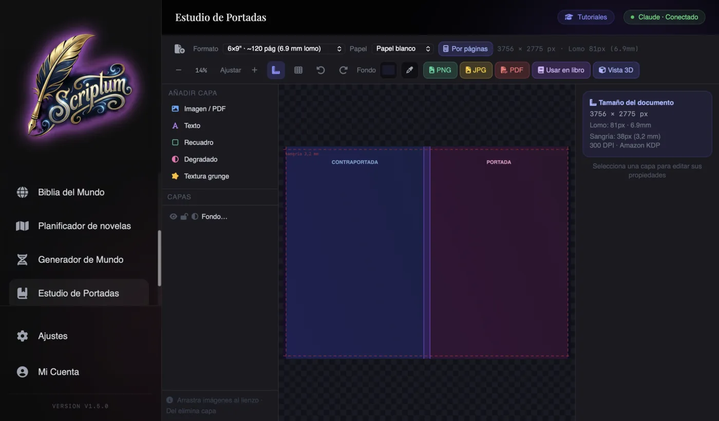 Estudio de Portadas de Scriptum con diseño por capas, vista 3D del libro y medidas reales de Amazon KDP