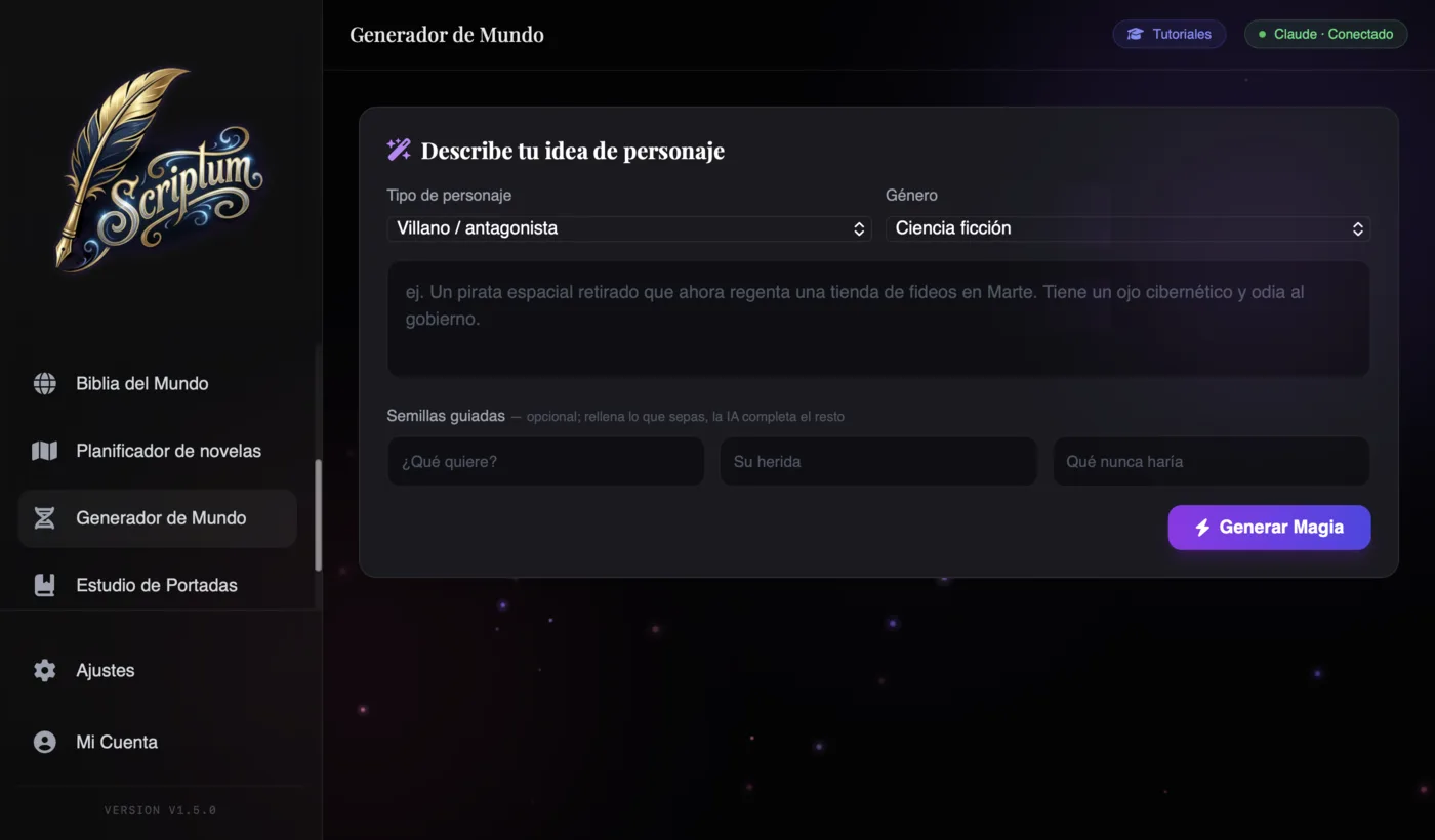 Creador de Personajes con IA de Scriptum mostrando las tres semillas guiadas y el botón Generar Magia
