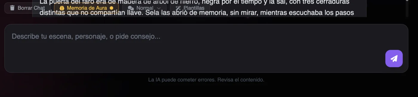 Botón de memoria de Aura activado en Scriptum, con la IA recordando personajes y tramas de una novela larga