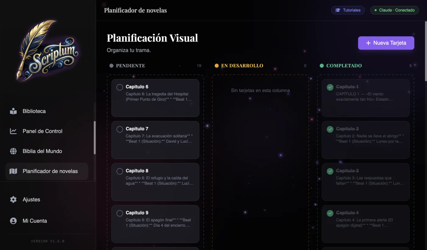 Planificador visual de Scriptum: tablero kanban con tarjetas de trama en columnas Pendiente, En Desarrollo y Completado