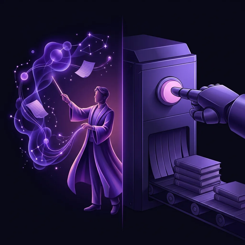 The writer in charge: the AI proposes and the author decides, directs, and rewrites, versus a button that automatically generates an entire book