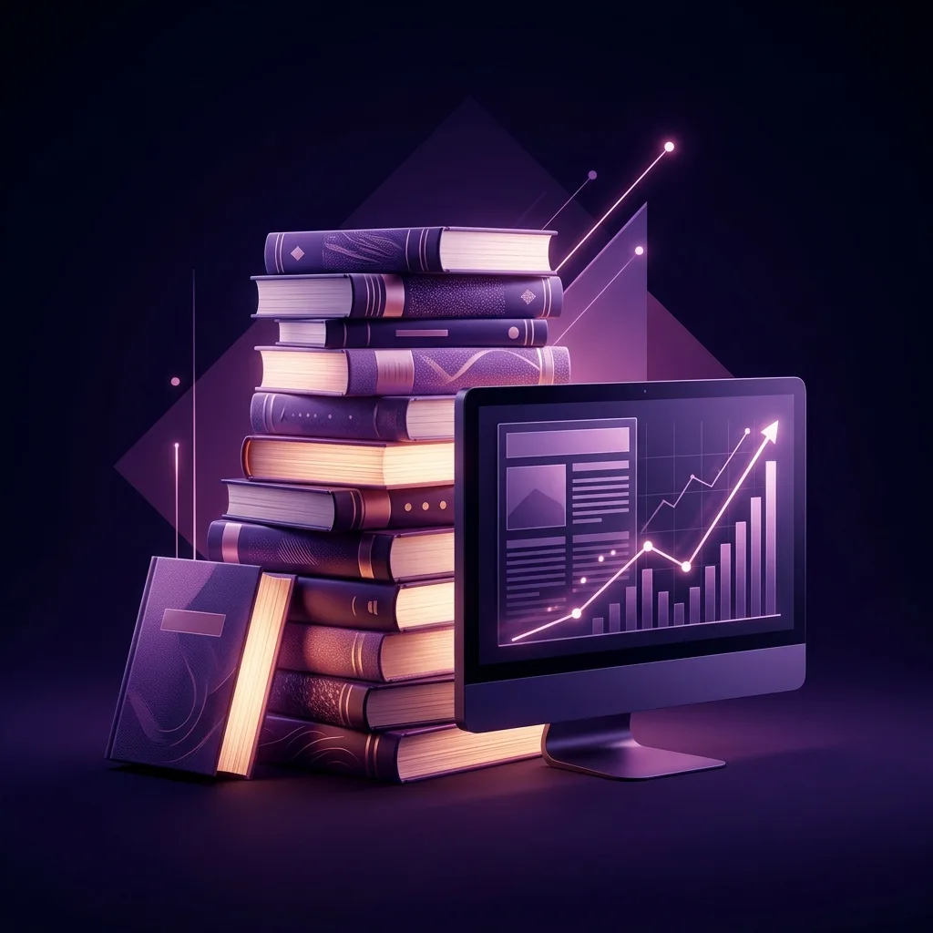 Auteur construisant sa carrière littéraire avec une pile croissante de livres, une newsletter à l'écran et un graphique de ventes en hausse, dans des tons violets sur fond sombre