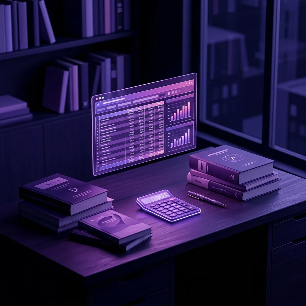 Auteur devant une table avec des livres publiés, une calculatrice et une feuille de revenus, éclairé par une lumière violette, symbolisant la réalité économique de vivre de sa plume