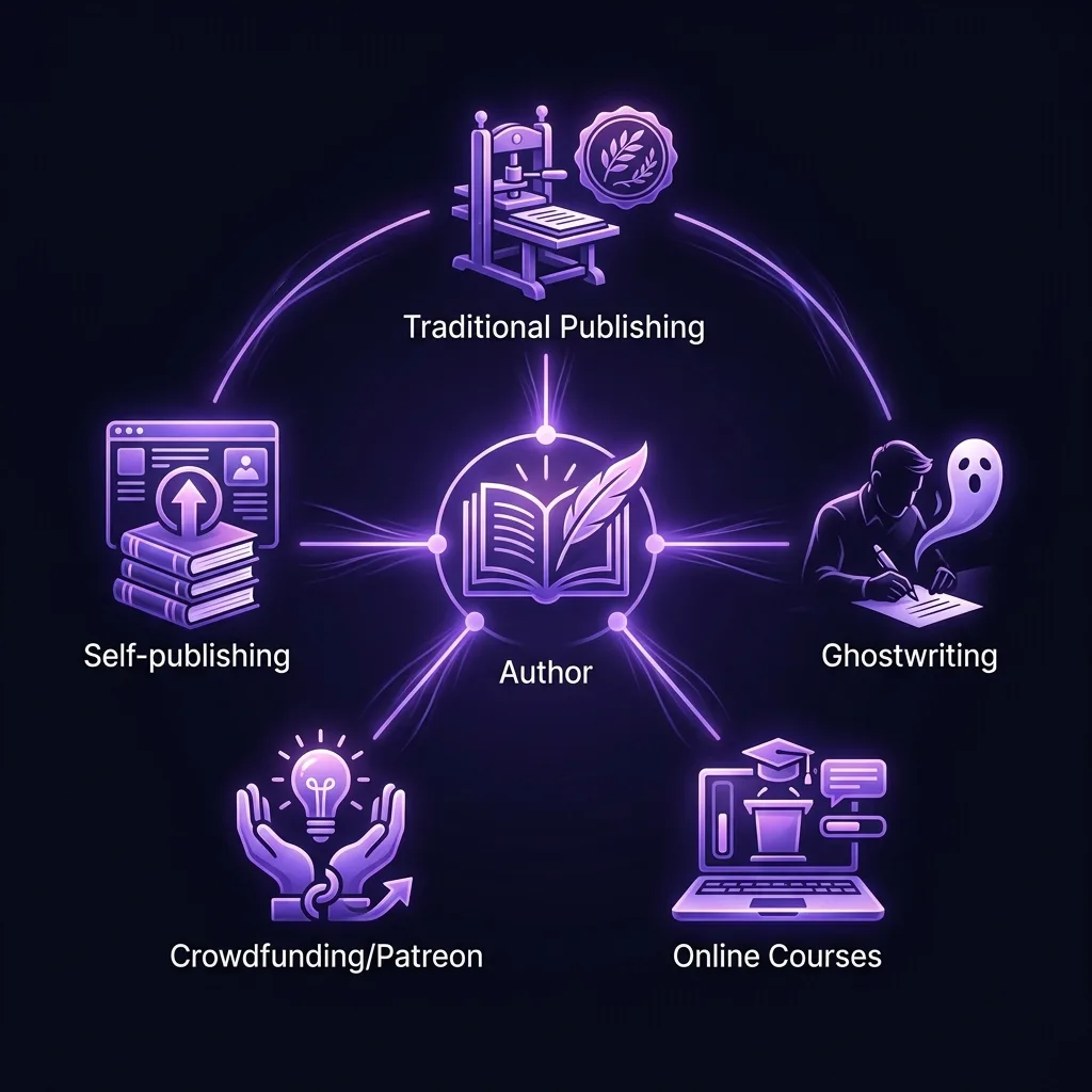 Schéma des différentes voies de revenus pour un auteur : autoédition, édition traditionnelle, ghostwriting, cours et Patreon, sur fond sombre aux tons violets