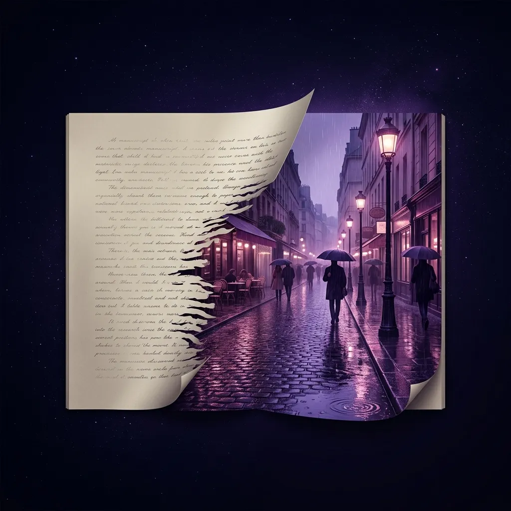 Ilustración conceptual de mostrar en lugar de contar: una escena gris que estalla en un mundo sensorial lleno de luz y textura
