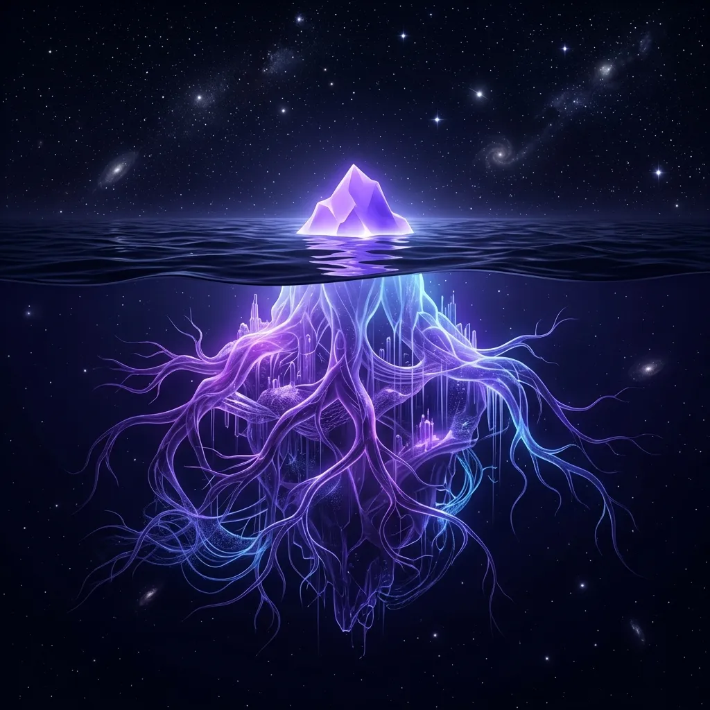 Un iceberg cuya pequeña punta violeta asoma sobre el agua mientras una enorme red de raíces luminosas se extiende bajo la superficie