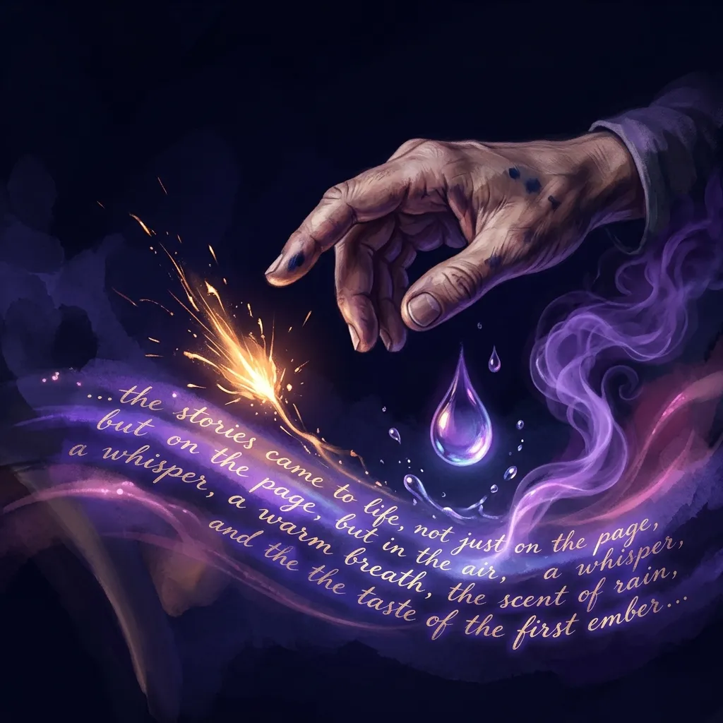 Una mano sobre una chispa de fuego y una gota de agua, rodeada de texto luminoso que evoca el susurro, el aliento cálido y el olor a lluvia
