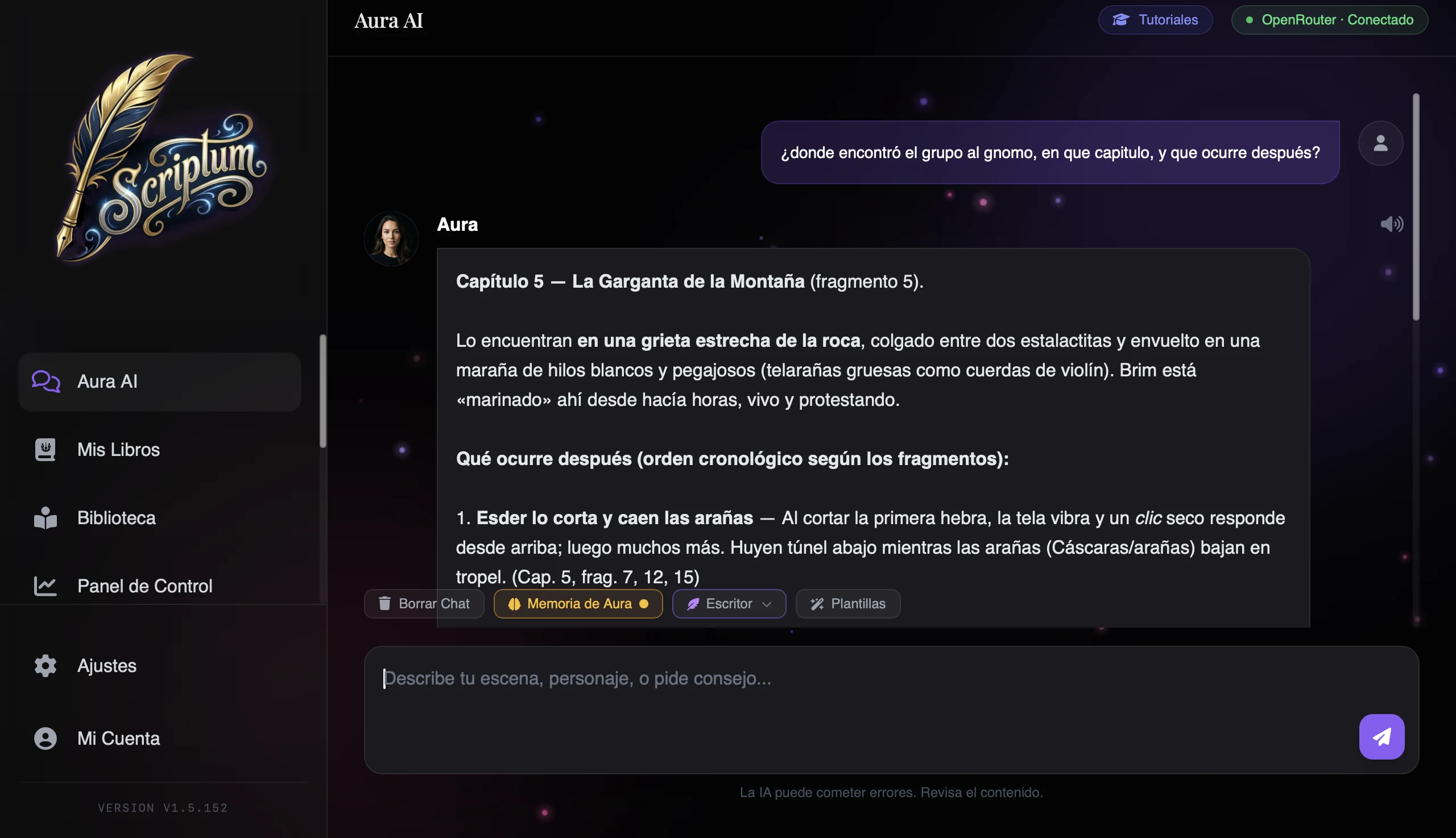 L'interfaccia di Scriptum con la Bibbia del Mondo e Aura: schede di coerenza dei personaggi e un pannello in cui lo scrittore chiede all'IA di un filo narrativo e riceve i passaggi rilevanti del suo manoscritto