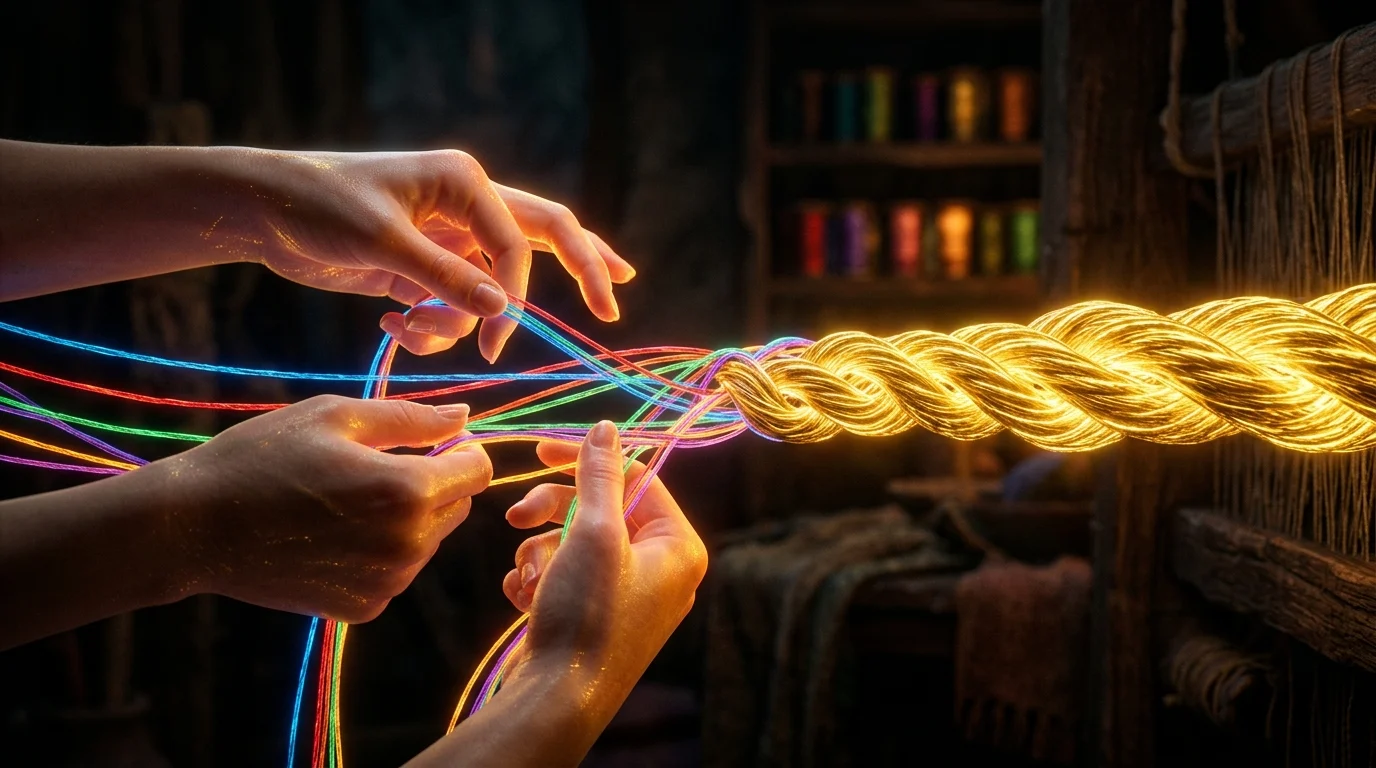 Un gomitolo di fili colorati che si intrecciano in un'unica linea luminosa, metafora delle sottotrame che convergono nella trama principale di un romanzo