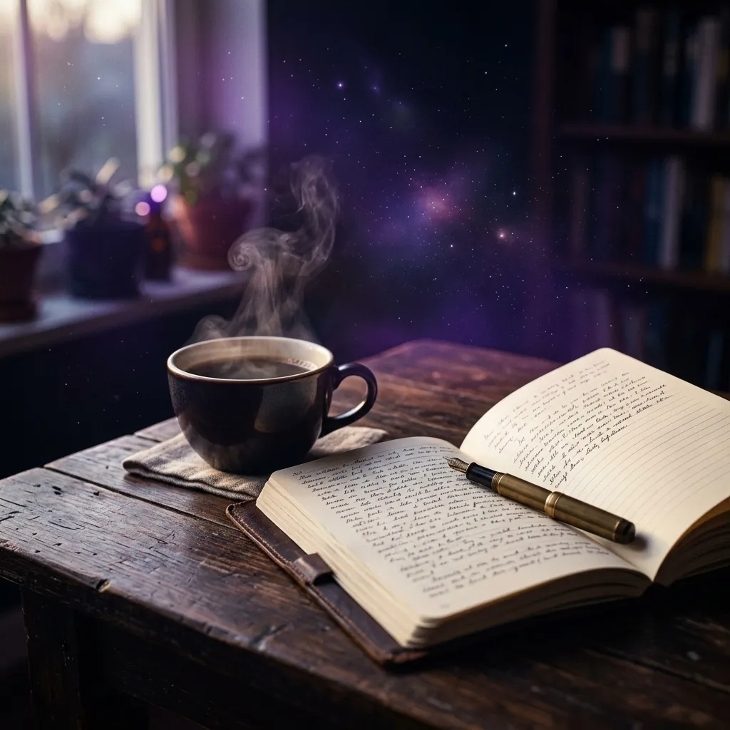 Una taza de café humeante junto a un cuaderno manuscrito sobre un escritorio de madera, frente a una ventana con un cielo estrellado violeta