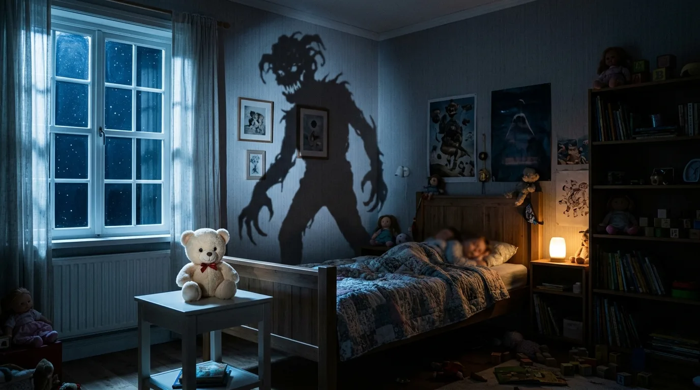 Cameretta di notte: due bambini dormono mentre un'ombra mostruosa si proietta sulla parete sopra l'orsacchiotto