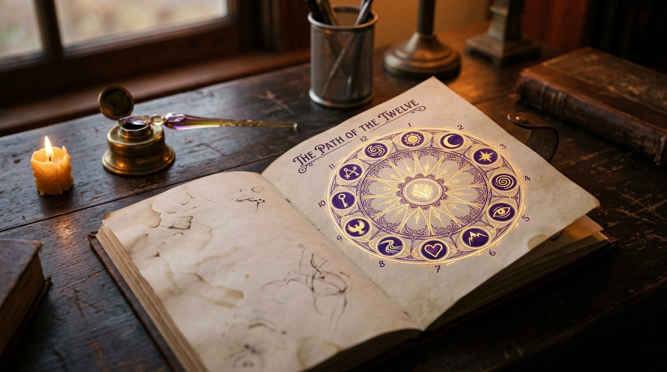 Diagrama circular con las doce etapas del viaje del héroe numeradas alrededor de un anillo violeta, dividido en tres sectores correspondientes a los tres actos