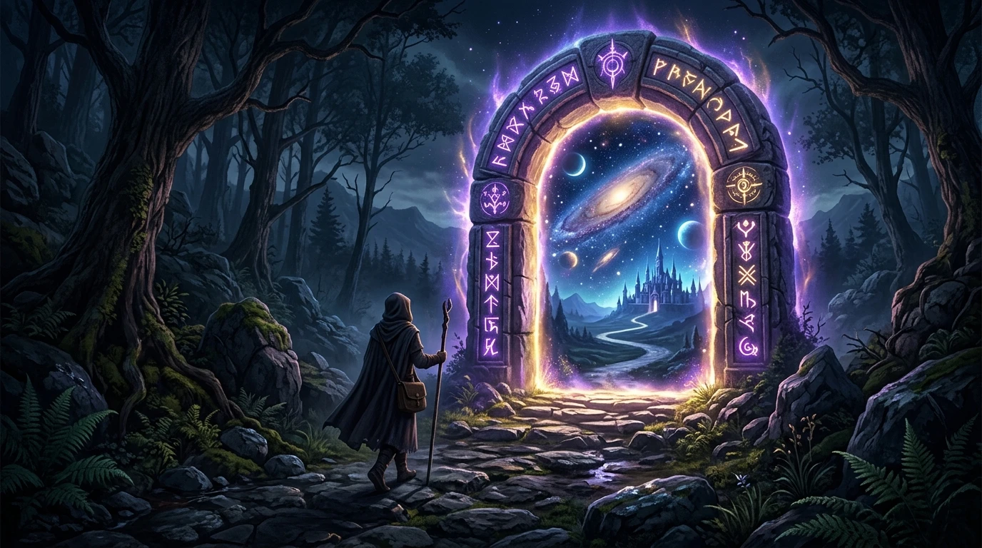 Camino circular iluminado en violeta que sale de una casa, atraviesa un umbral de piedra y regresa transformado, sobre un fondo estelar oscuro